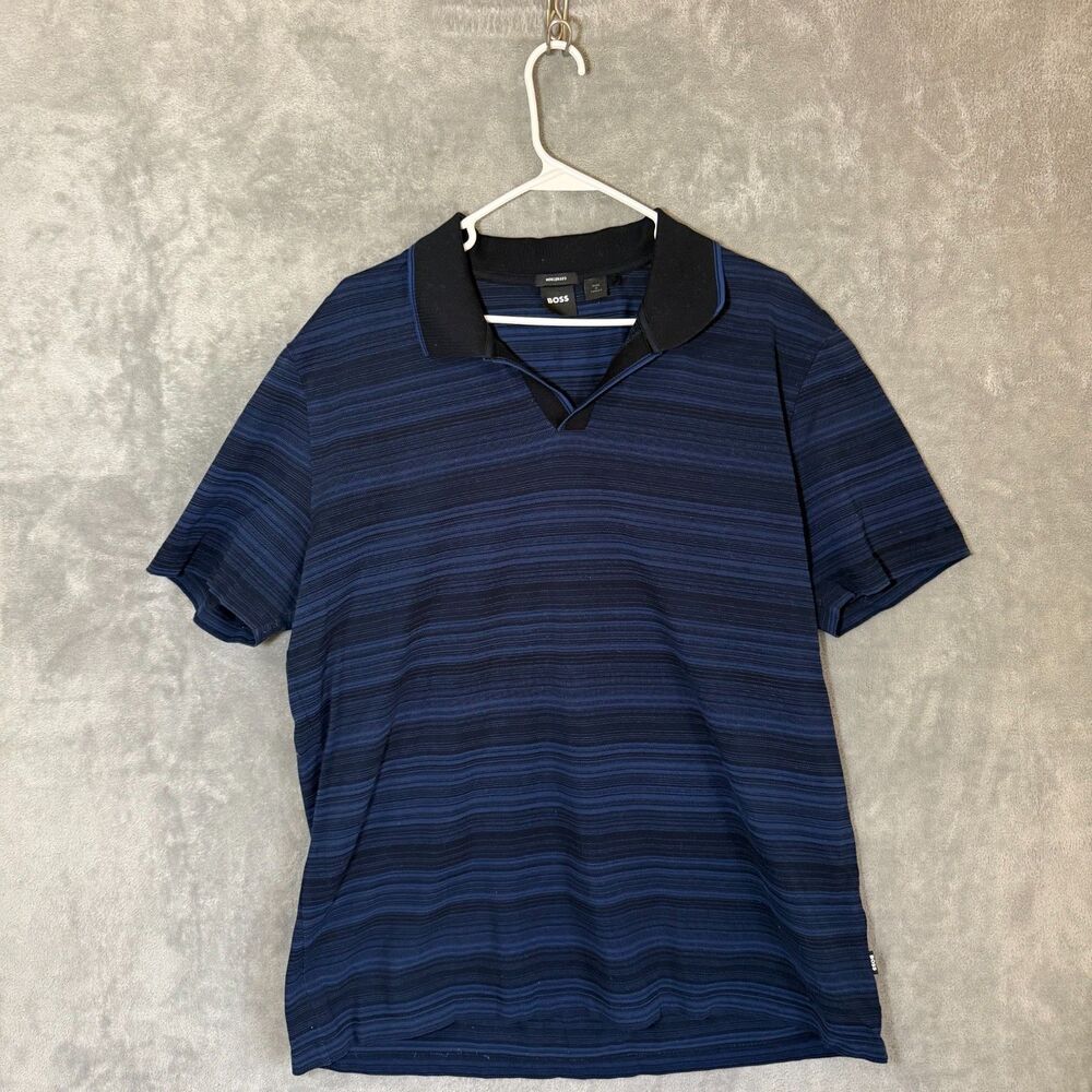 BOSS Hugo Boss Men 2XL Mercerised Polo SS Shirt Navy Blue Stripe V Neck Golf